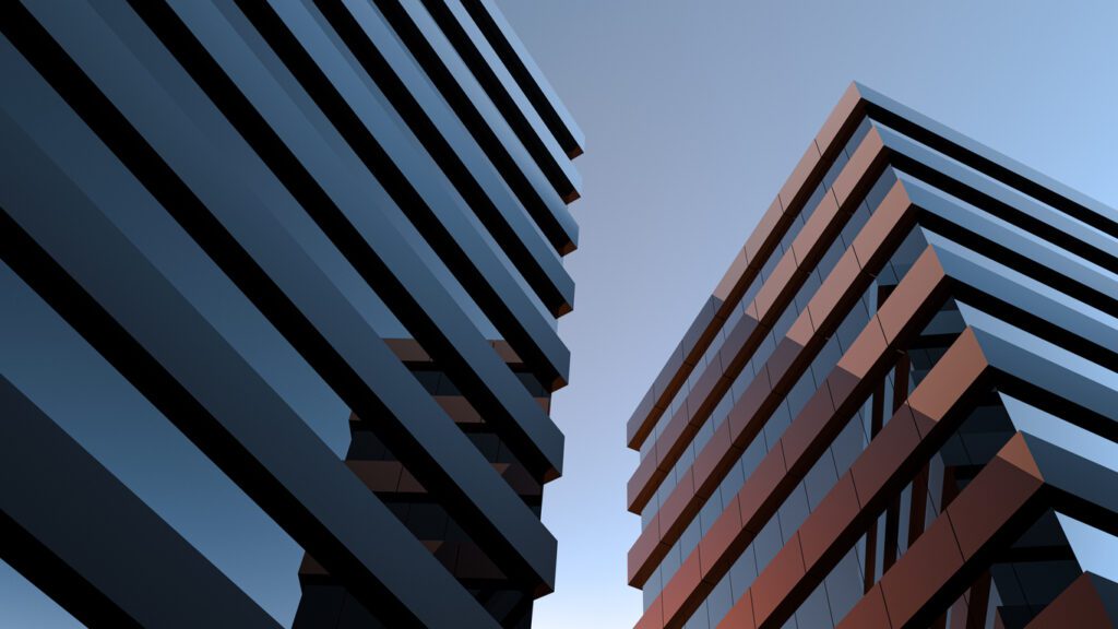 Two Modern Buildings With Glass Windows. Architecture Design Of Buildings. Office Space, Houses At Sunset In The Evening. 3d Render.