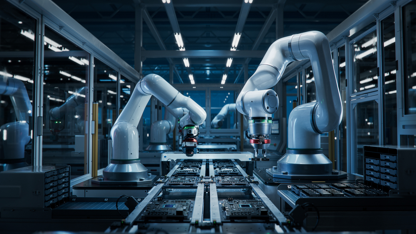 Advanced High Precision Robot Arms On Fully Automated Pcb Assembly Line Inside Modern Electronics Factory. Electronic Devices Production Industry. Component Installation On Circuit Board defense