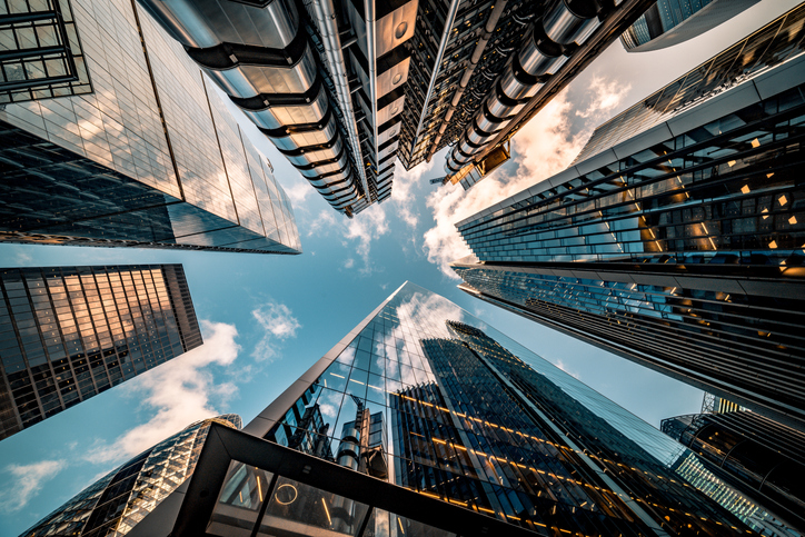 Looking Directly Up At The Skyline Of The Financial District In Central London Stock Image